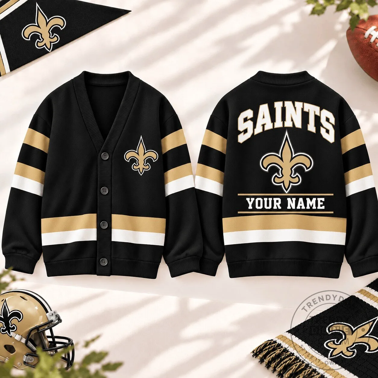 New Orleans Saints Personalized Football Team Black and Gold Cardigan Sweater