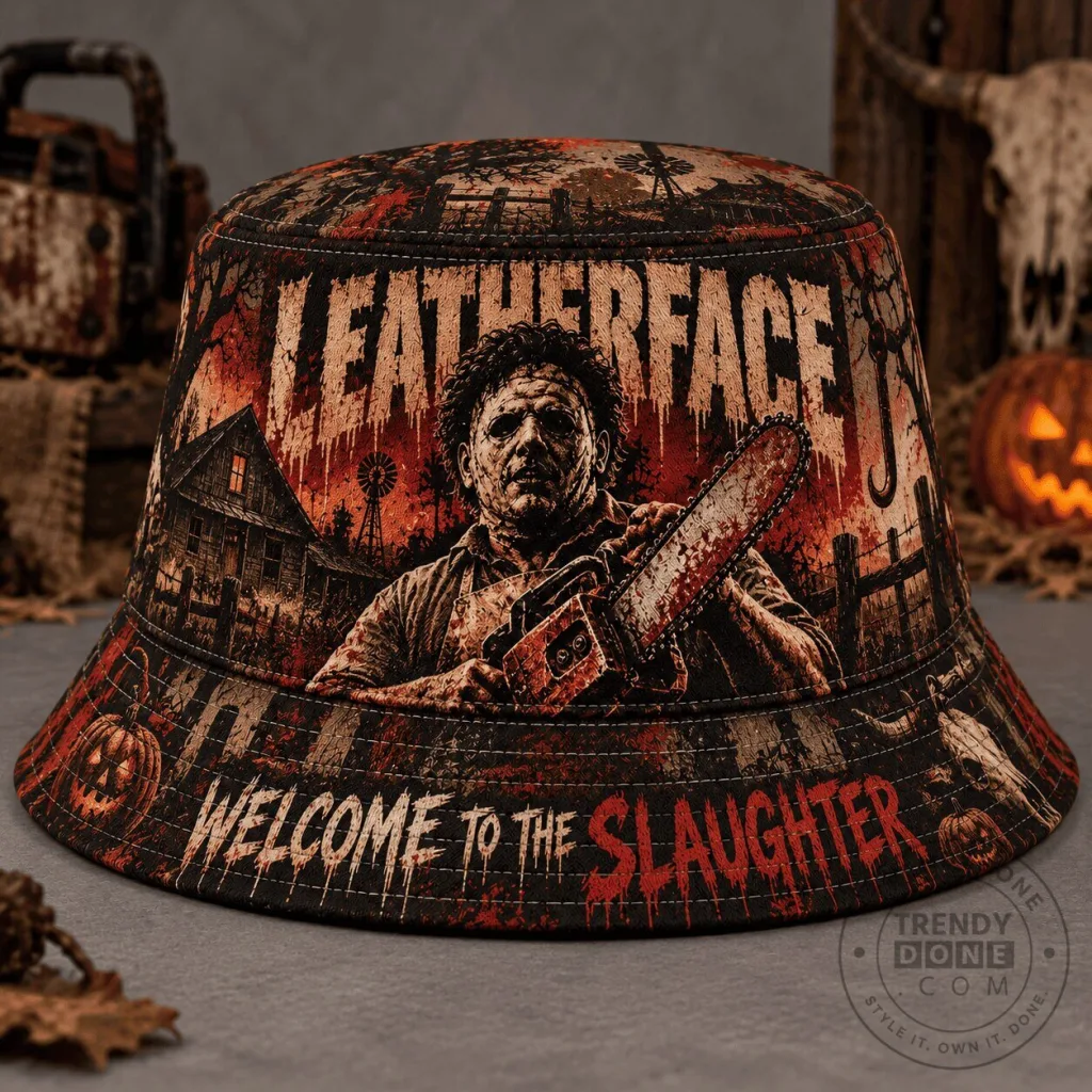 Leatherface Welcome To The Slaughter Horror Movie Bucket Hat Leatherface Welcome To The Slaughter Horror Movie Bucket Hat