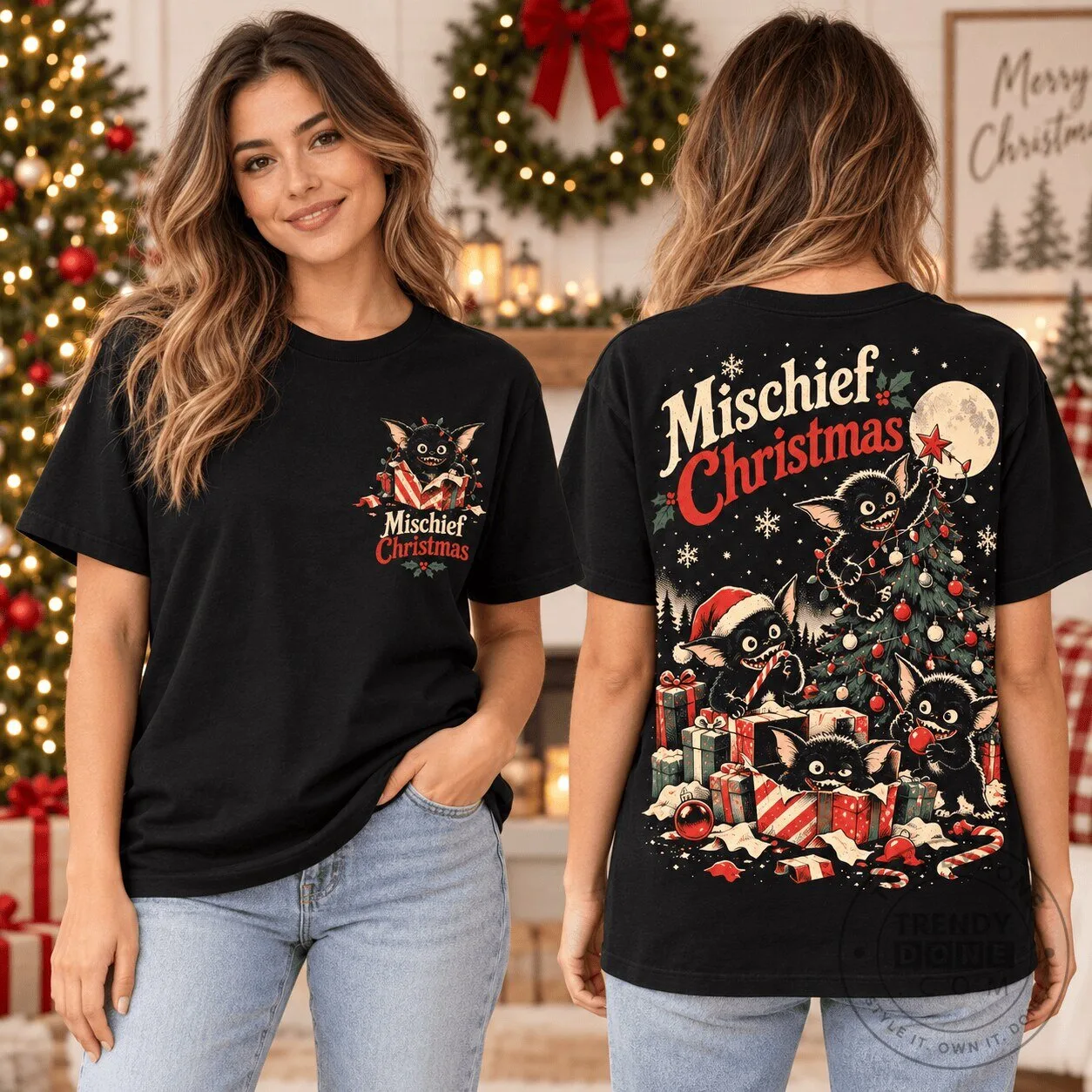 Black T-Shirt featuring Gremlins Mischief from the Christmas Horror Movie
