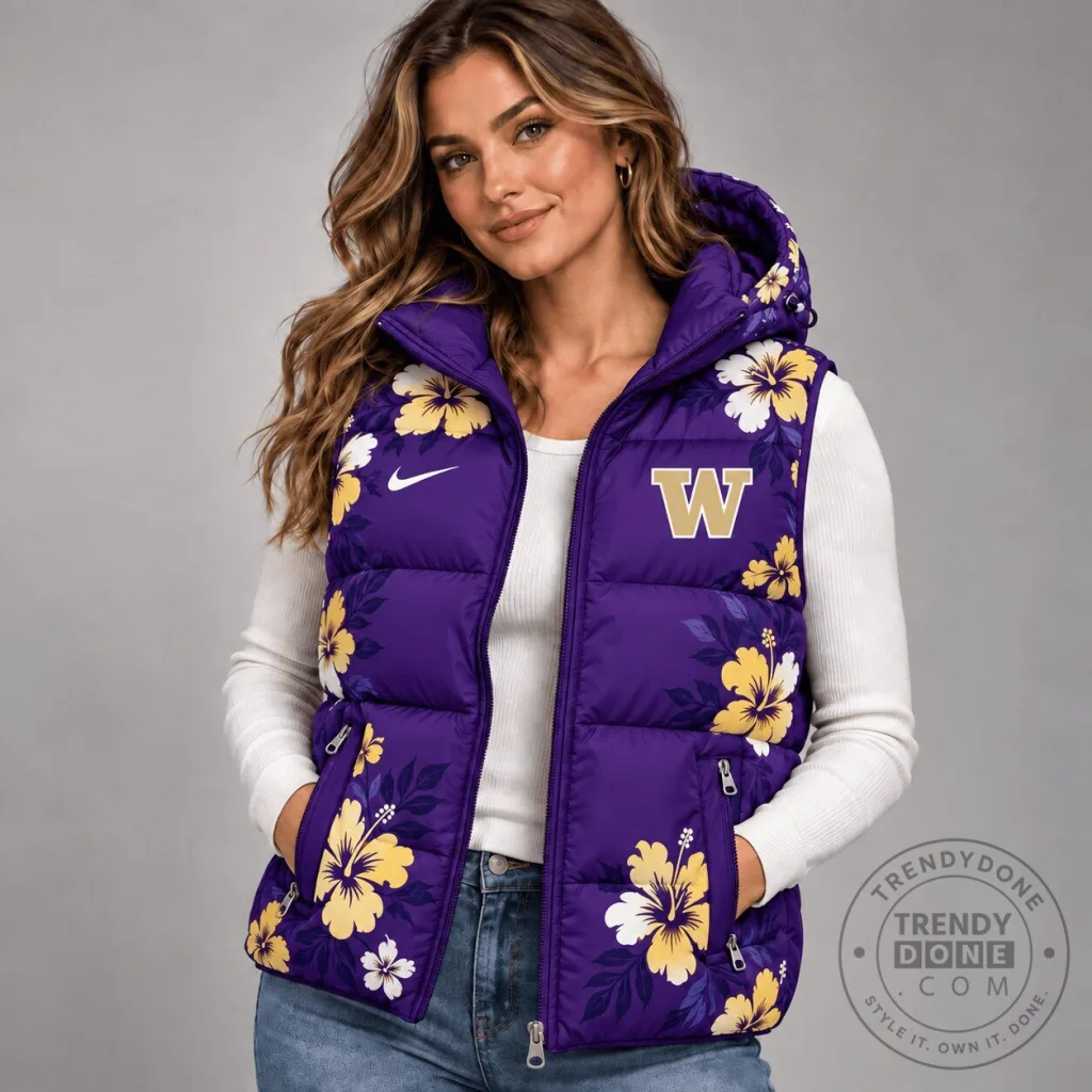 Washington Huskies Floral Hooded Puffer Vest Washington Huskies Floral Hooded Puffer Vest