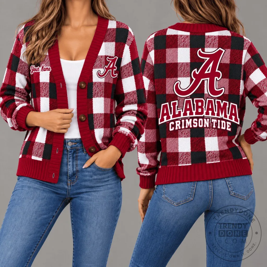 Alabama Crimson Tide Plaid Pattern Cardigan Sweater with Custom Name Alabama Crimson Tide Plaid Pattern Cardigan Sweater with Custom Name