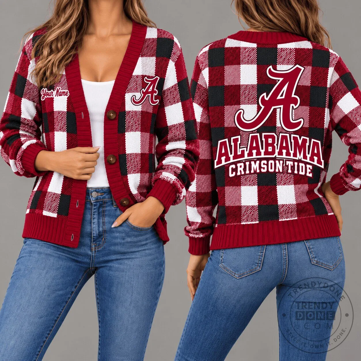 Alabama Crimson Tide Plaid Pattern Cardigan Sweater with Custom Name