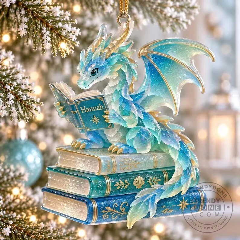 Personalized Book Dragon Christmas Ornament for Book Lovers