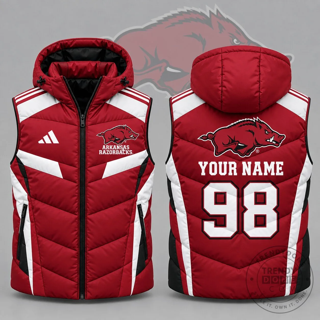 Arkansas Razorbacks Personalized Red White Puffer Vest with Hood