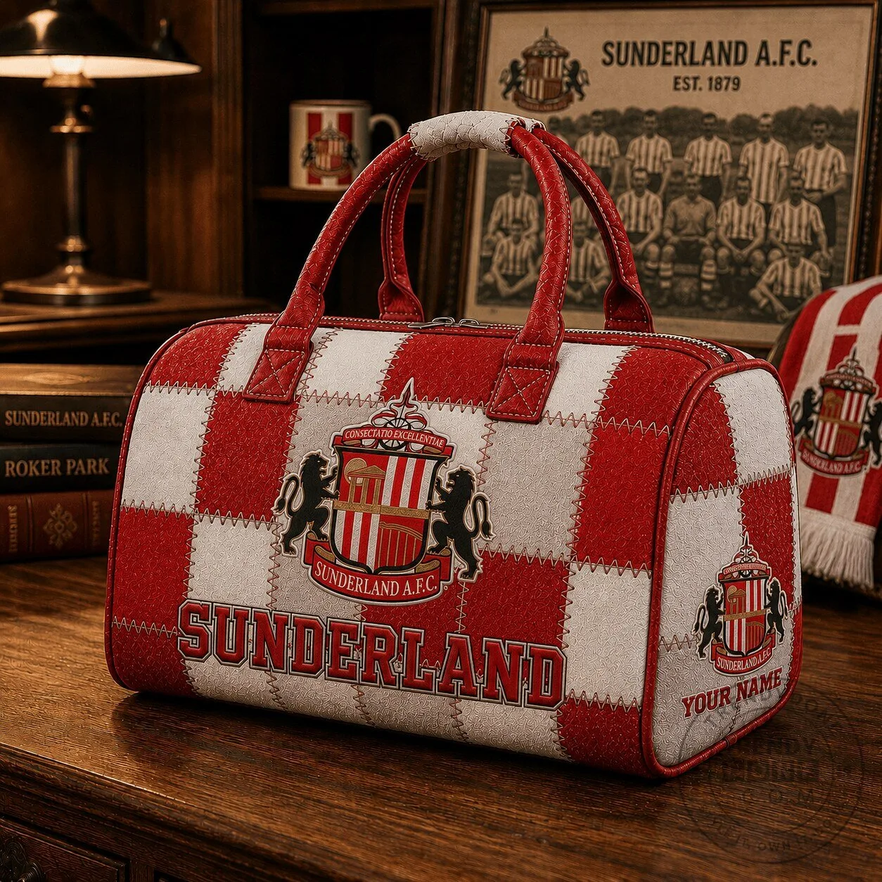 Sunderland Association Football Club Personalized Red and White Checkered Duffle Bag