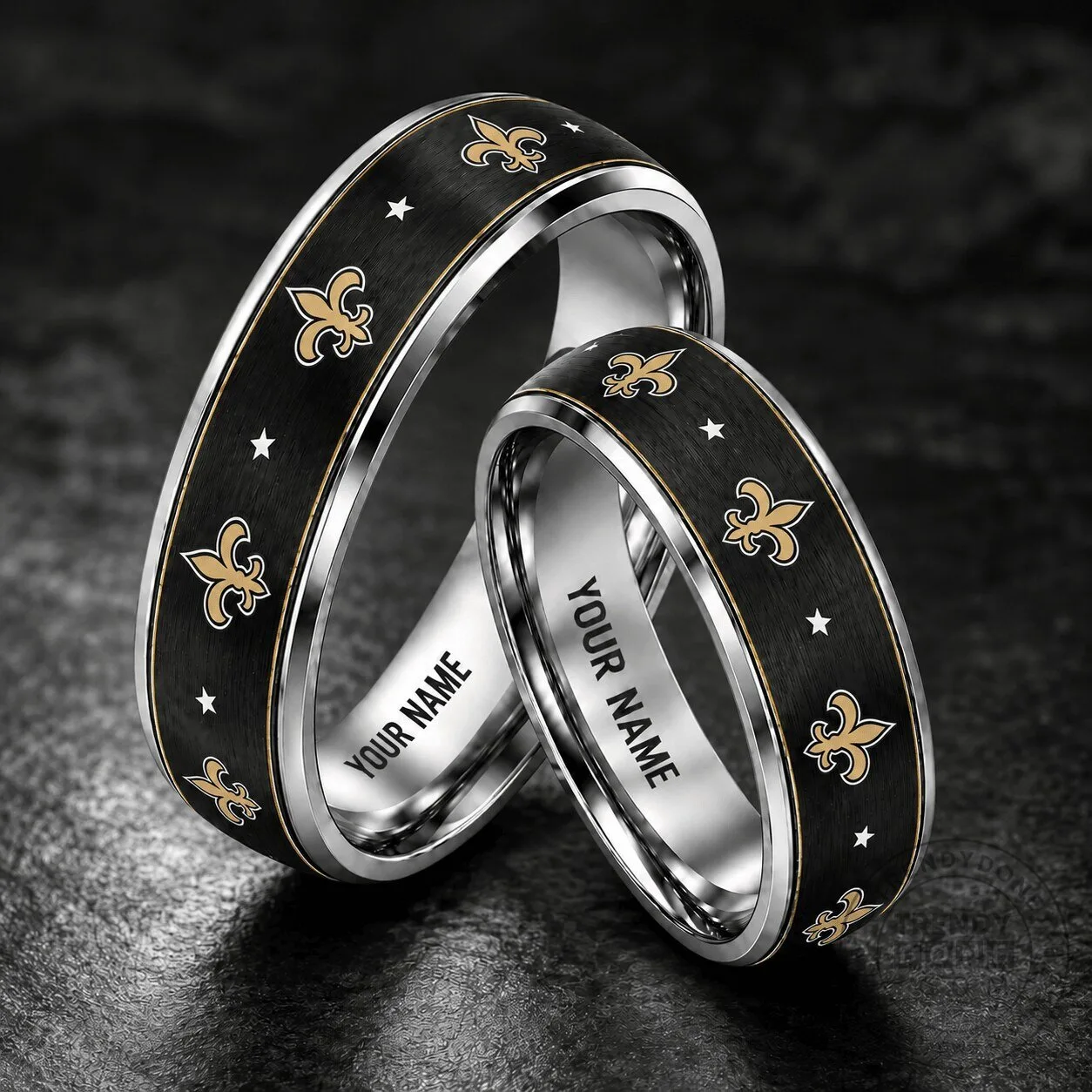 New Orleans Saints Personalized Silver Tungsten Ring with Fleur-de-lis