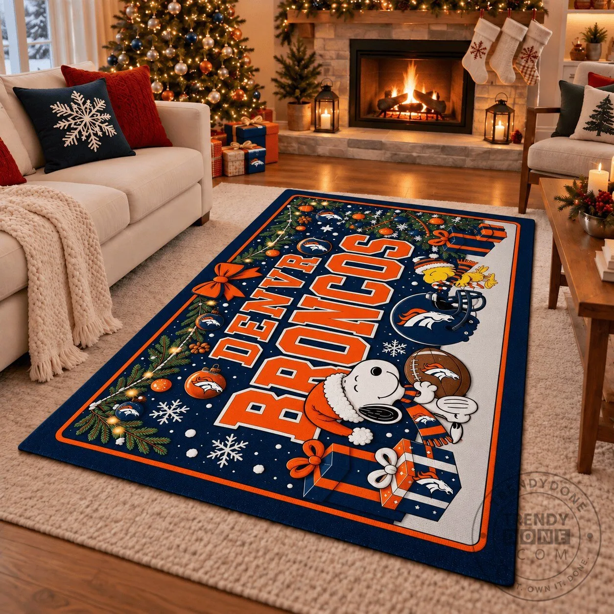 Denver Broncos Peanuts Snoopy Christmas Holiday Area Rug