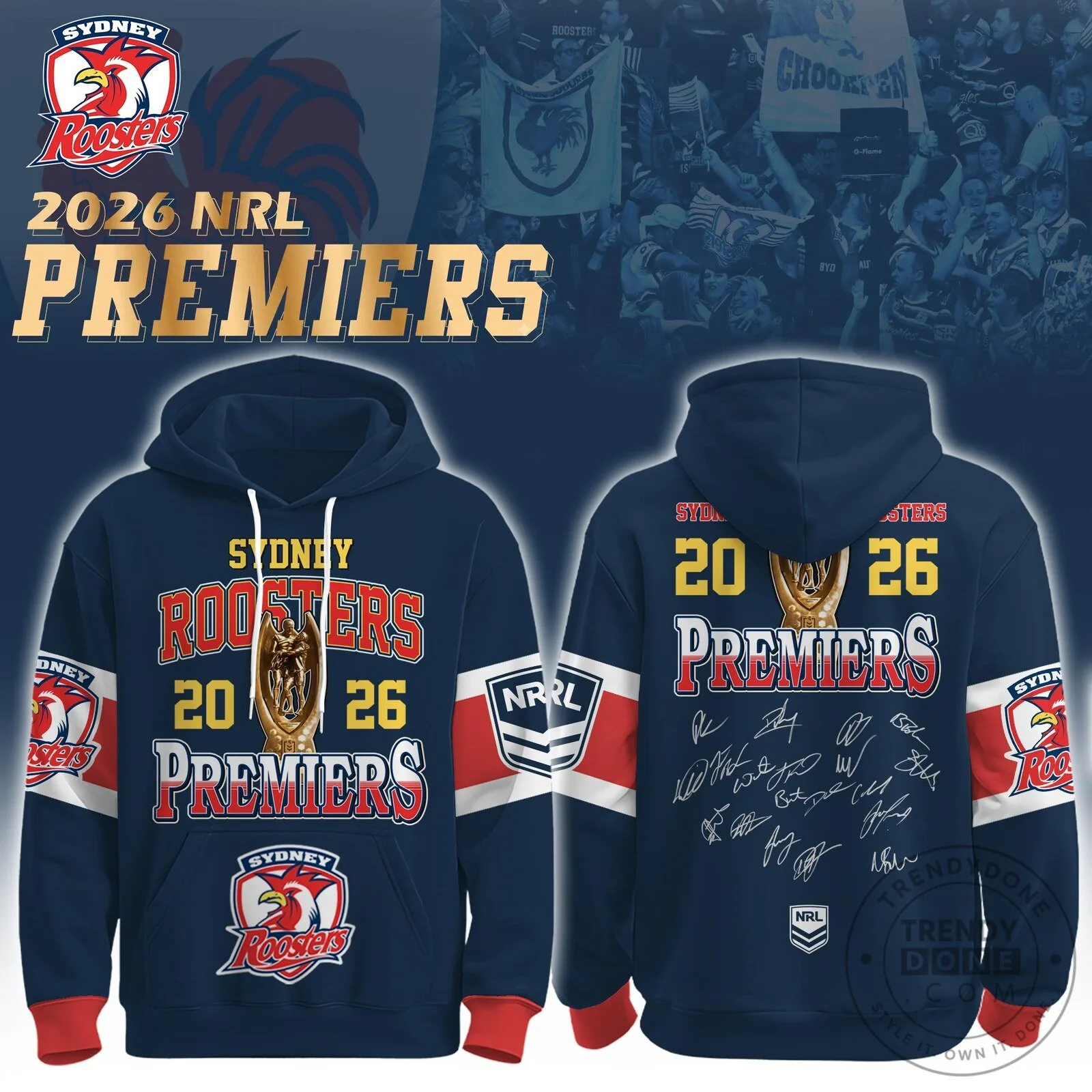 Sydney Roosters 2026 NRL Premiers Commemorative Navy Blue Hoodie
