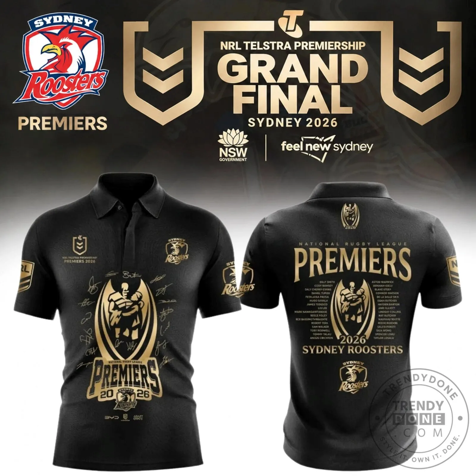 2026 Black Polo Shirt of Sydney Roosters NRL Premiers