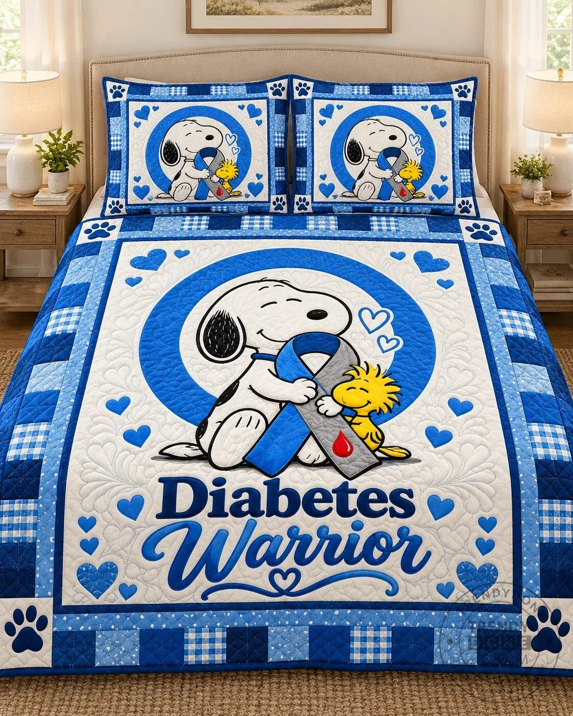 Snoopy Diabetes Warrior Blue Awareness Ribbon Quilted Bedding Set