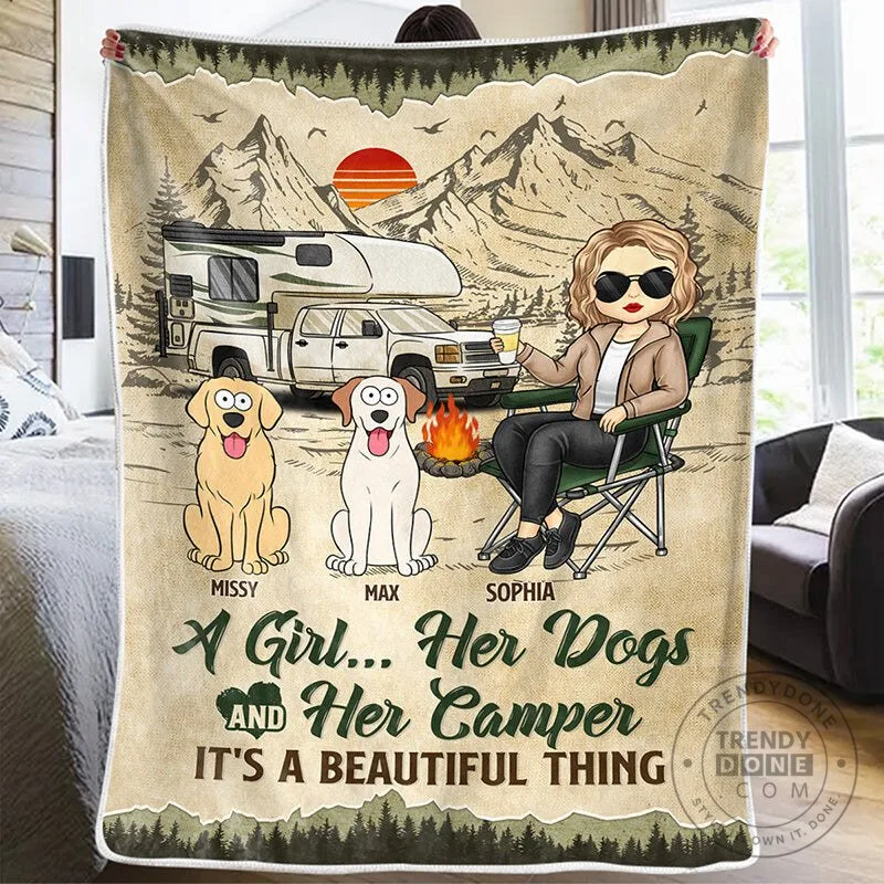 Personalized Camping Girl And Dogs Camper Adventure Fleece Blanket