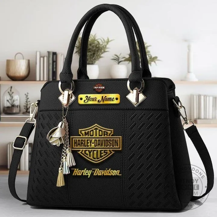 Harley-Davidson Motorcycle Gold Logo Personalized Name Black Leather Handbag