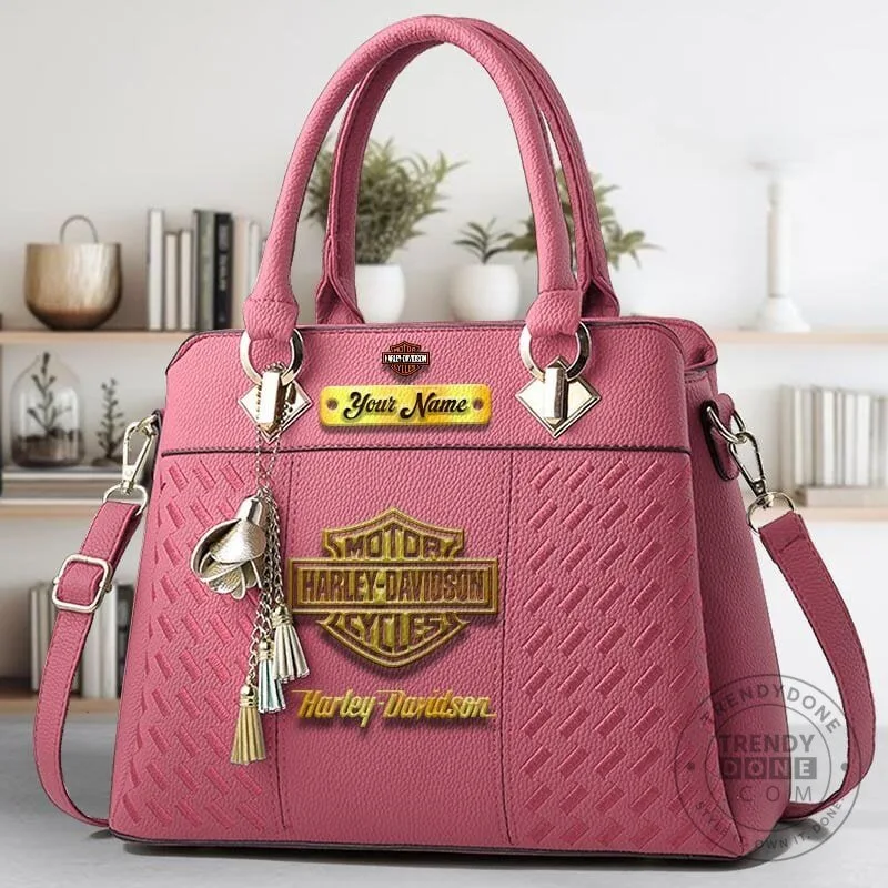Harley-Davidson Motorcycle Gold Logo Personalized Name Black Leather Handbag 12 Harley-Davidson Motorcycle Gold Logo Personalized Name Black Leather Handbag