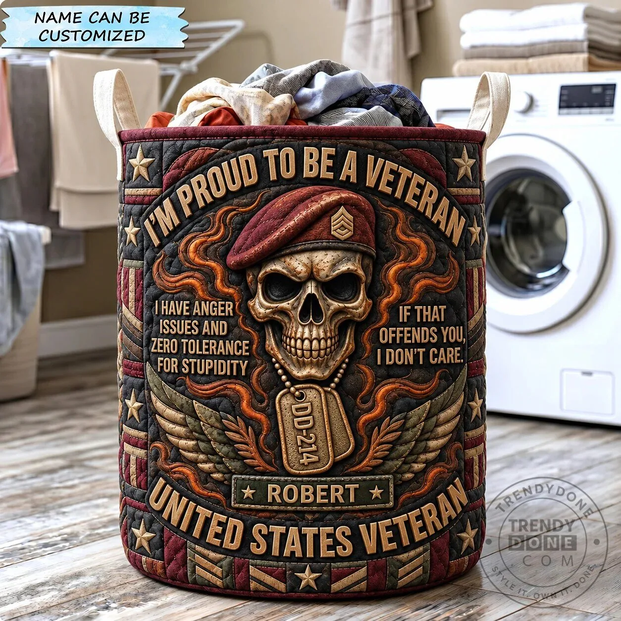 Proud American United States Veteran Skull Quilted Laundry Basket