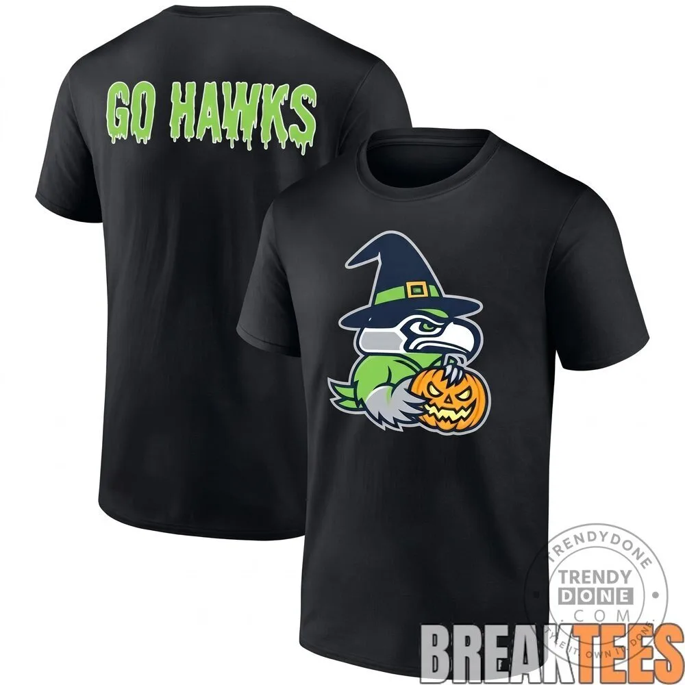 Black T-Shirt Featuring Seattle Seahawks Halloween Witch Mascot with Pumpkin Design