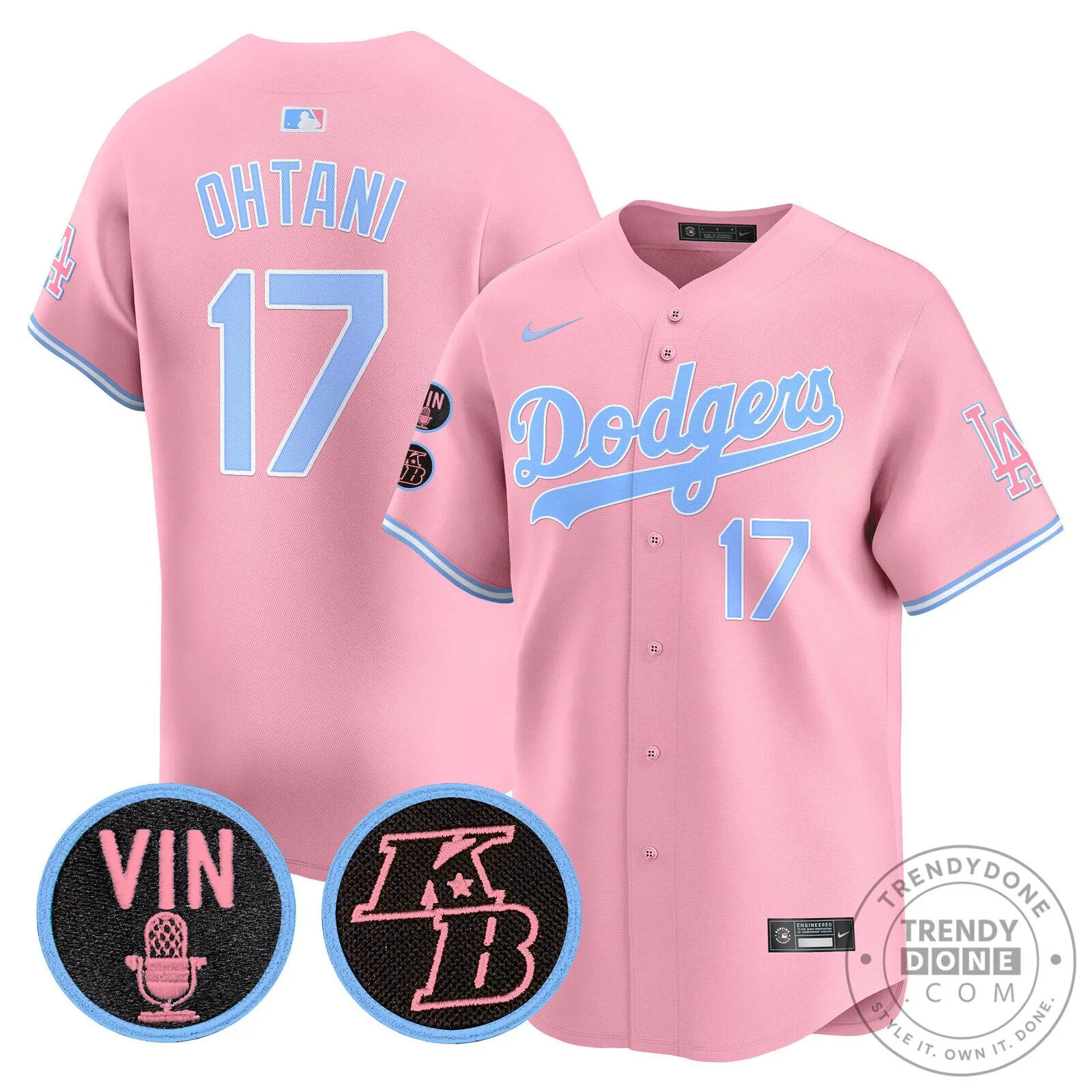 Dodgers Shohei Ohtani Pink Baseball Jersey with Vin Scully and Kobe Bryant Patches