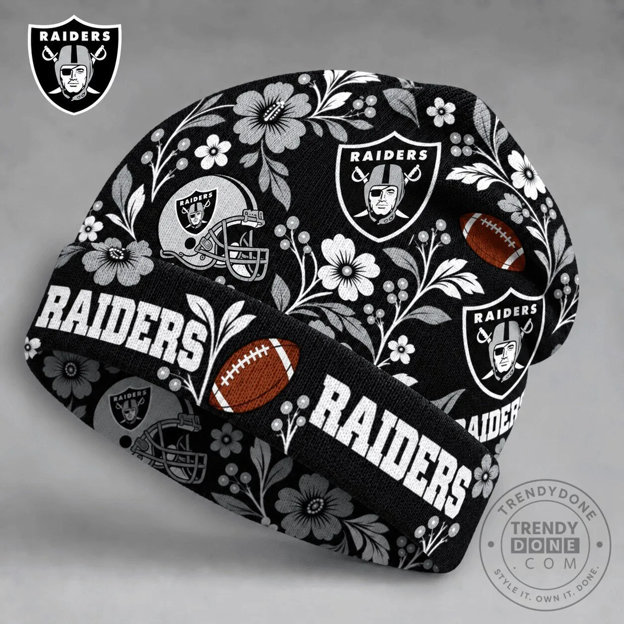 Las Vegas Raiders Floral Pattern NFL Football Team Black Beanie Cap Hat
