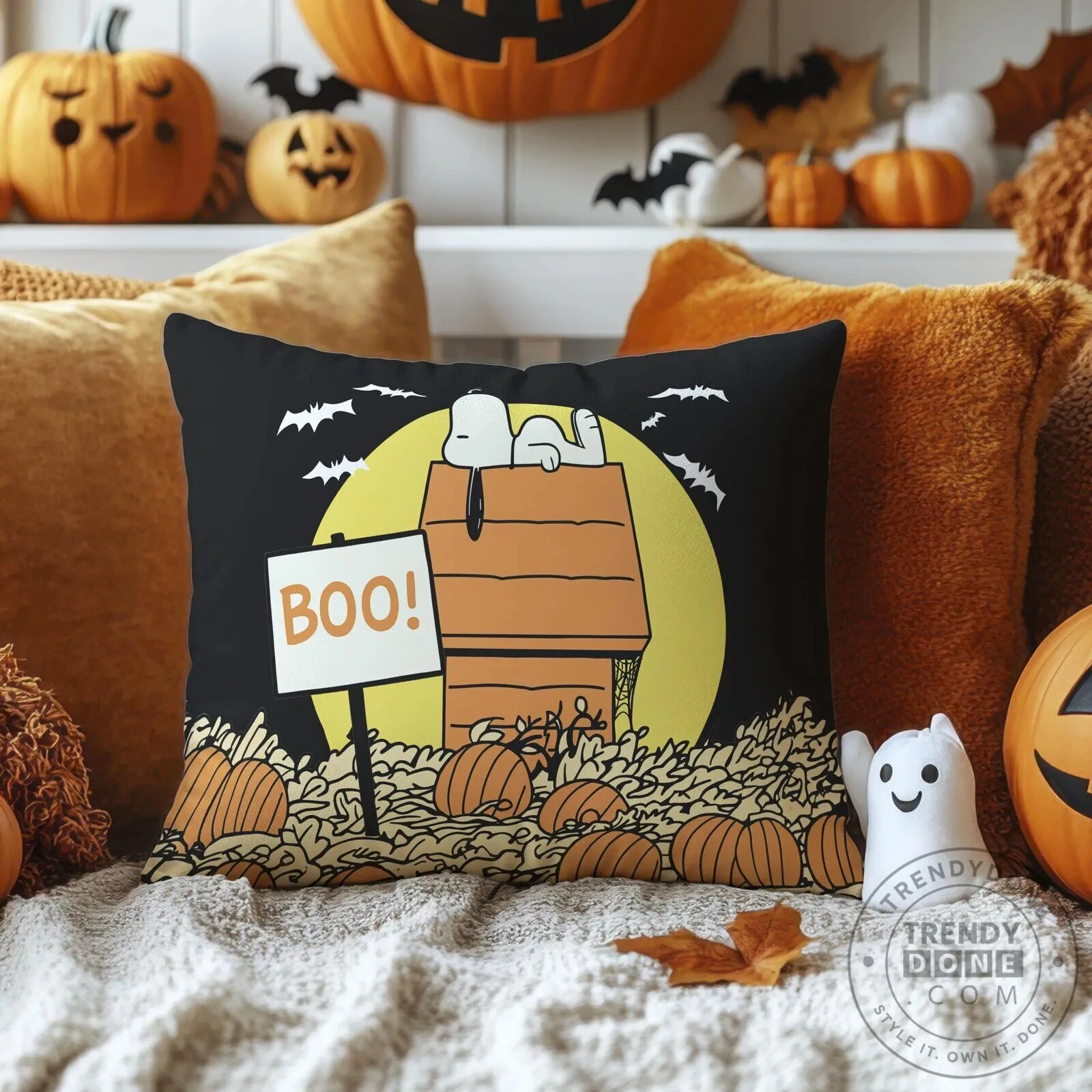 Snoopy Halloween Boo Sign Pumpkin Patch Black Decorative Pillow