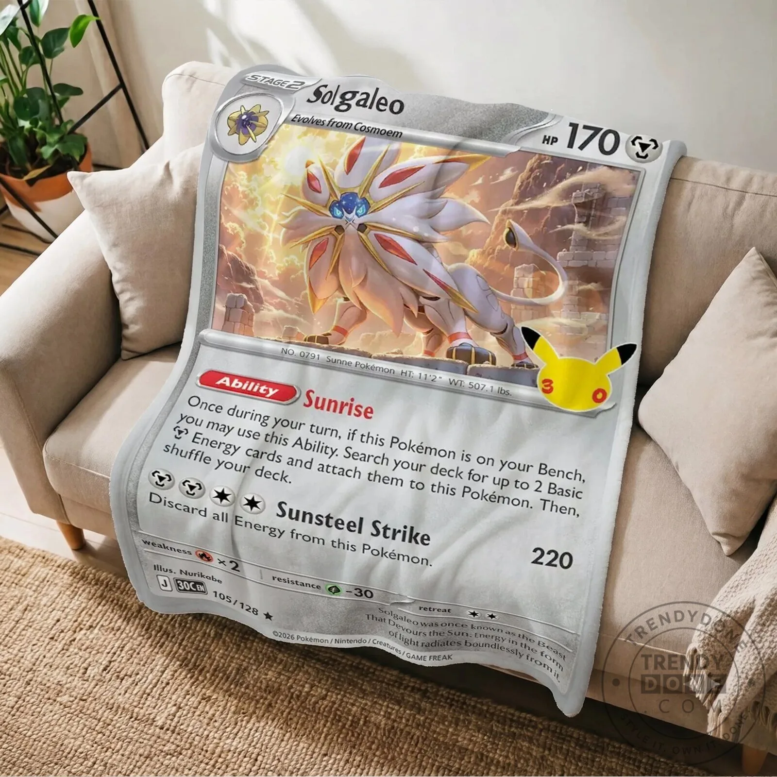 Pokemon Solgaleo 30th Anniversary Trading Card Game Fleece Blanket