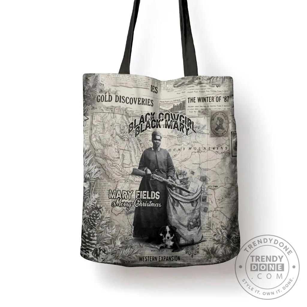 Mary Fields Christmas Vintage Western Map Black Cowgirl Tote Bag