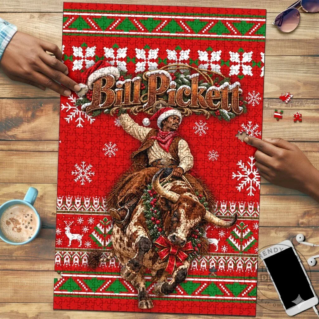 Bill Pickett Christmas Cowboy Rodeo Bull Rider Ugly Sweater Pattern Jigsaw Puzzle