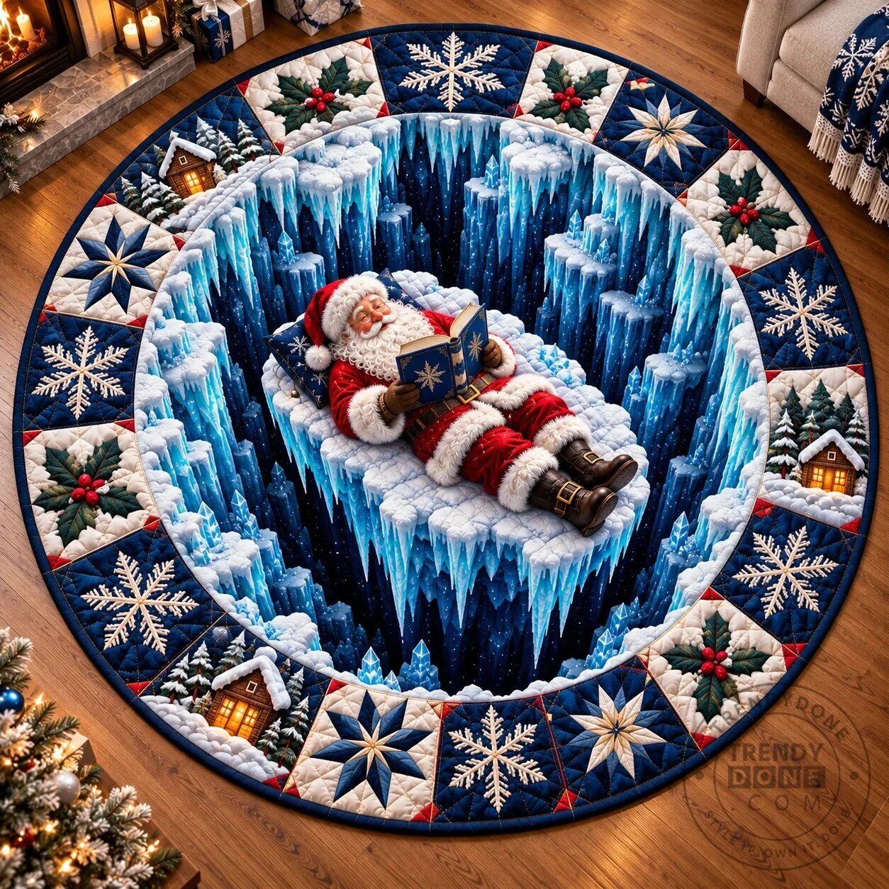 Santa Claus Reading Book on Ice Flow Christmas Round Quilted Mat