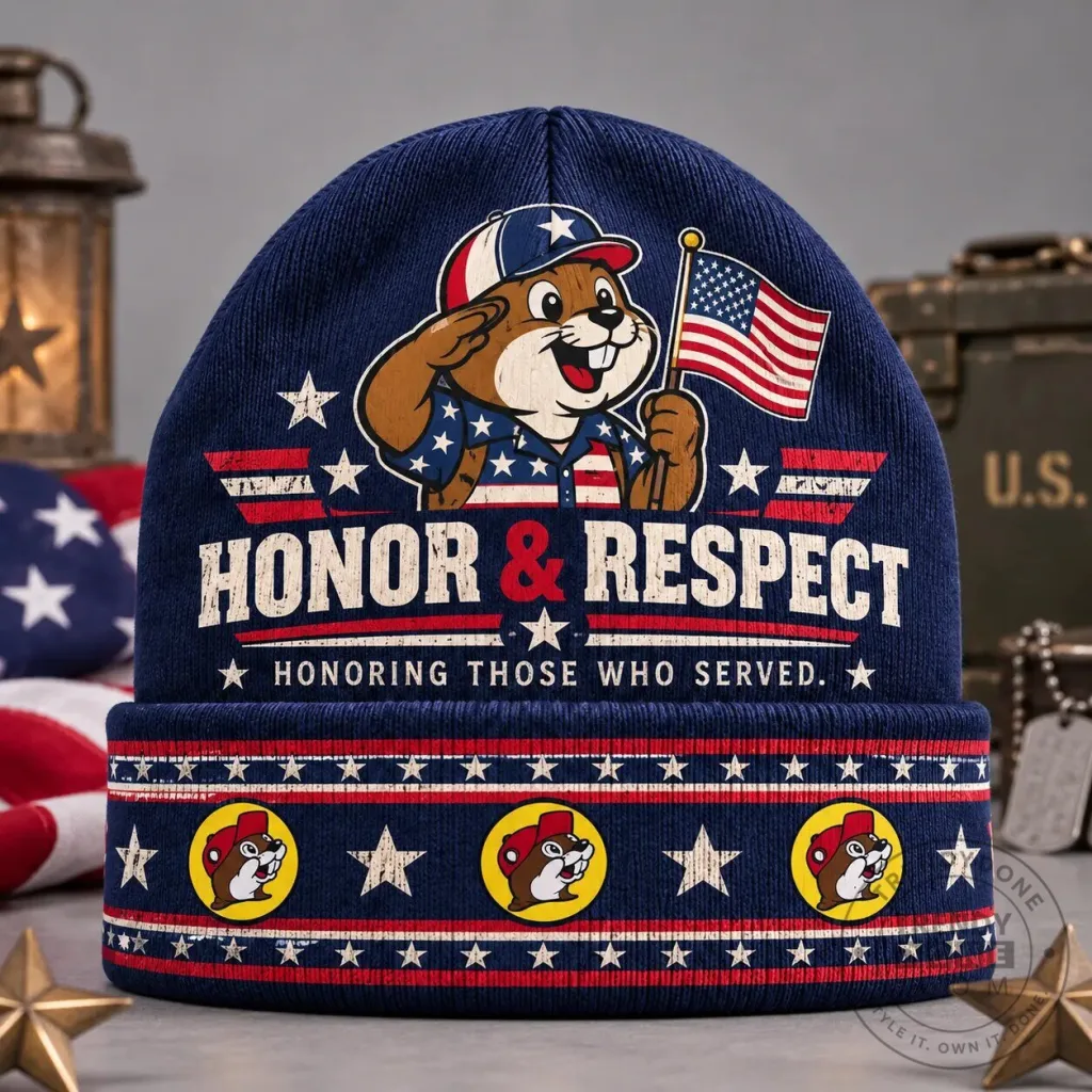 Buc-ee's Veterans Honor And Respect Graphic Print Knit Beanie With American Flags And Stars Buc-ee's Veterans Honor And Respect Graphic Print Knit Beanie With American Flags And Stars