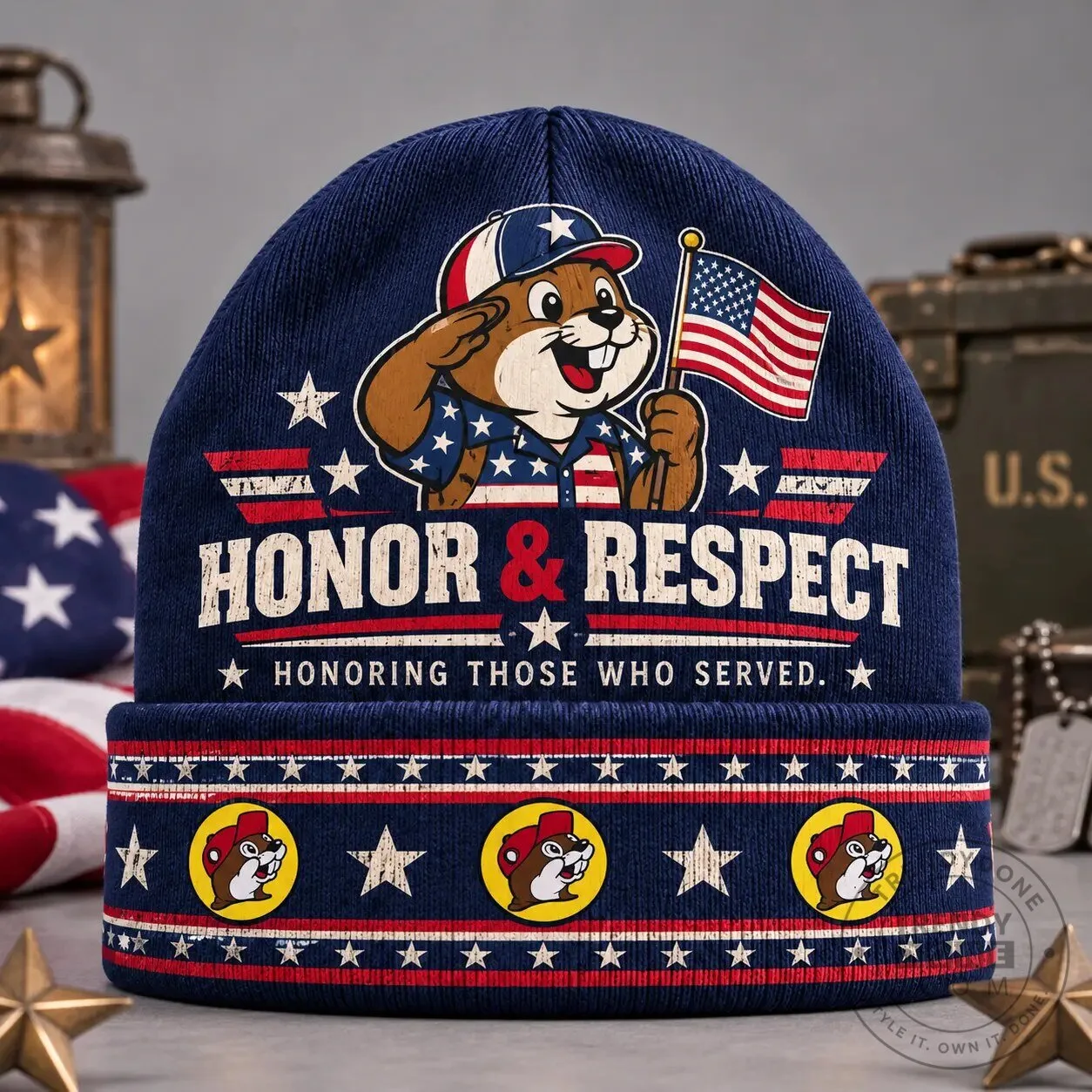 Buc-ee's Veterans Honor And Respect Graphic Print Knit Beanie With American Flags And Stars