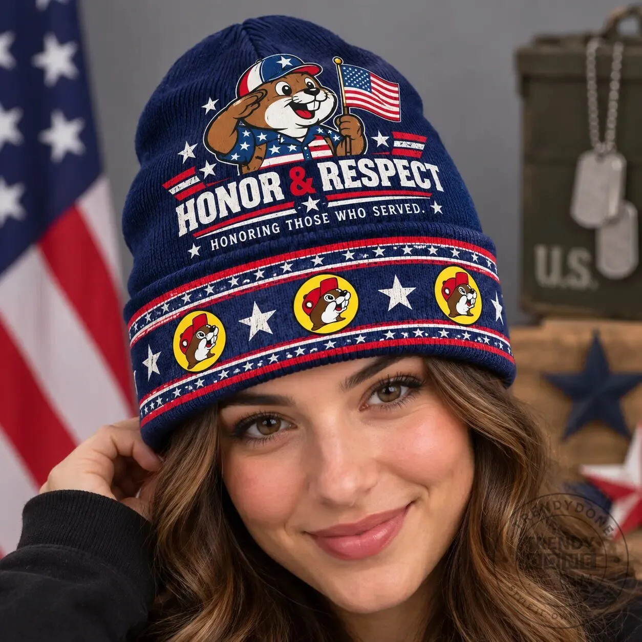 Buc-ee's Veterans Honor And Respect Graphic Print Knit Beanie With American Flags And Stars 7 Buc-ee