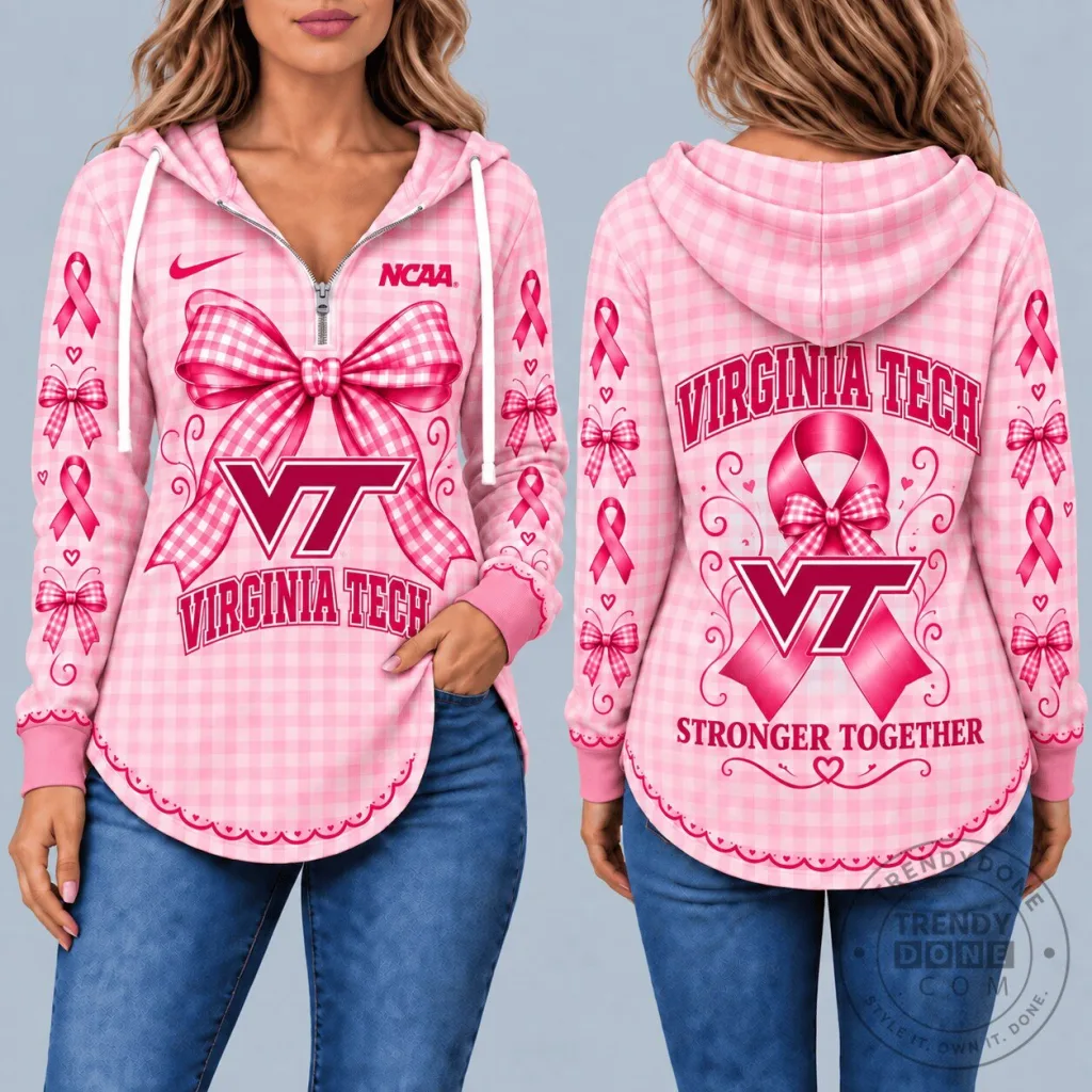 Virginia Tech Hokies Breast Cancer Awareness Pink Gingham Ribbon Hoodie Virginia Tech Hokies Breast Cancer Awareness Pink Gingham Ribbon Hoodie