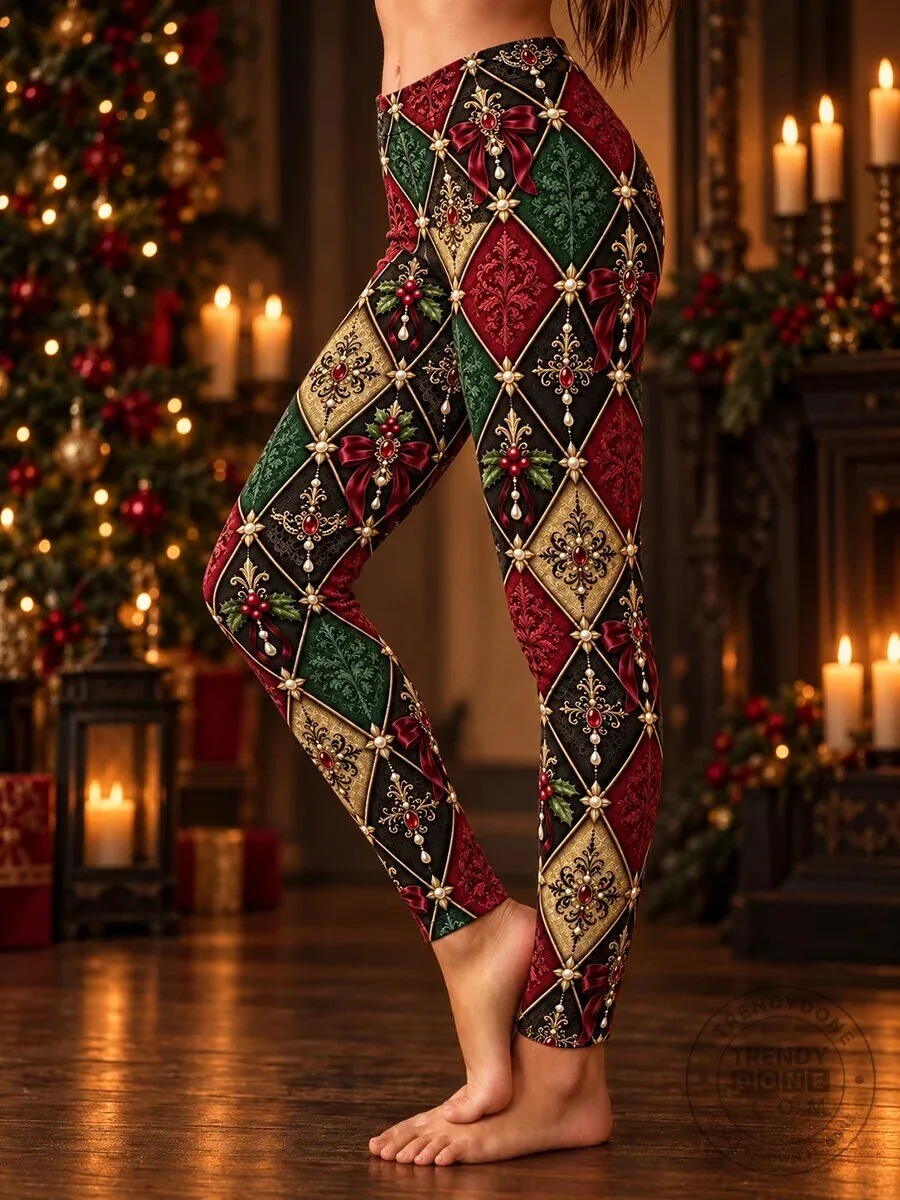 Vintage Gothic Romantic Christmas Diamond Print Women's Leggings