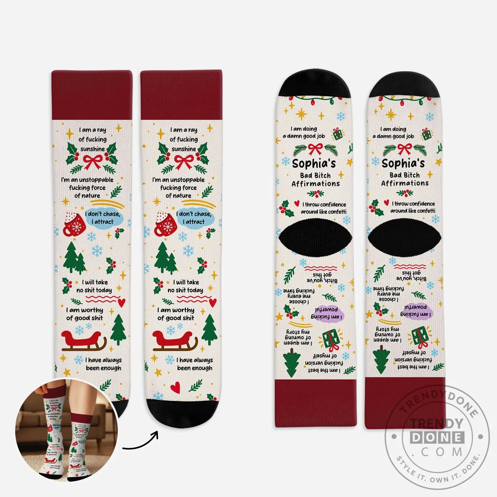 Funny Christmas Affirmation Socks for Women, Personalized Holiday Gift