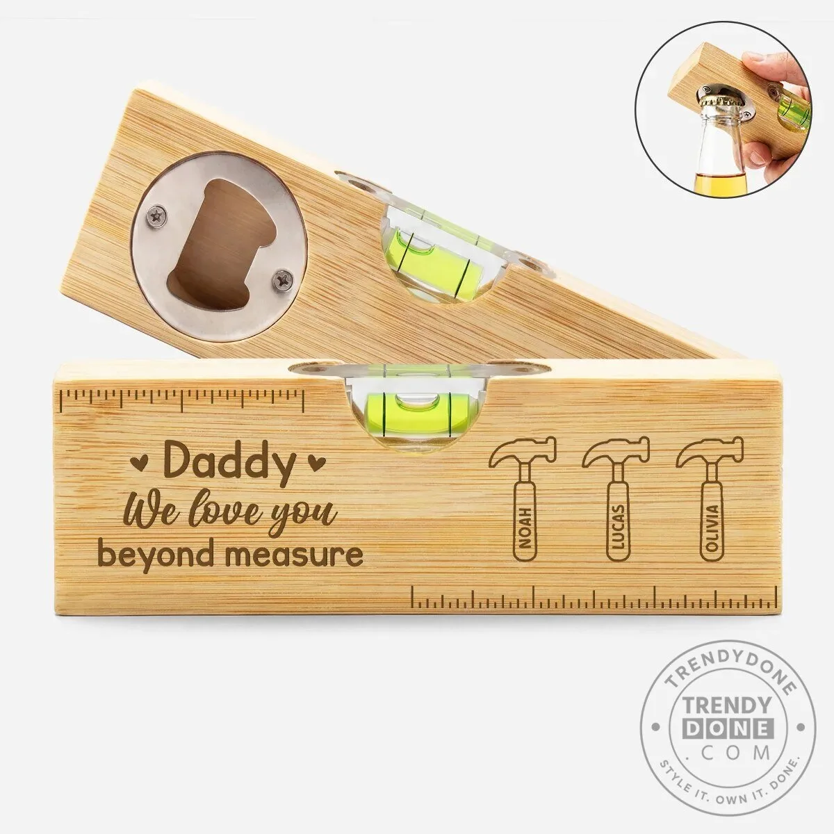 Personalized Wooden Spirit Level Bottle Opener for Dad, Father's Day Gift 2 Personalized Wooden Spirit Level Bottle Opener for Dad, Father's Day Gift