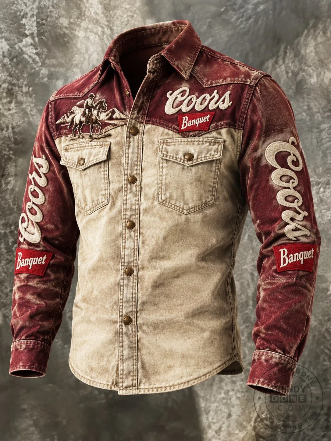 Coors Banquet Beer Rodeo Cowboy Embroidered Western Long-Sleeve Shirt