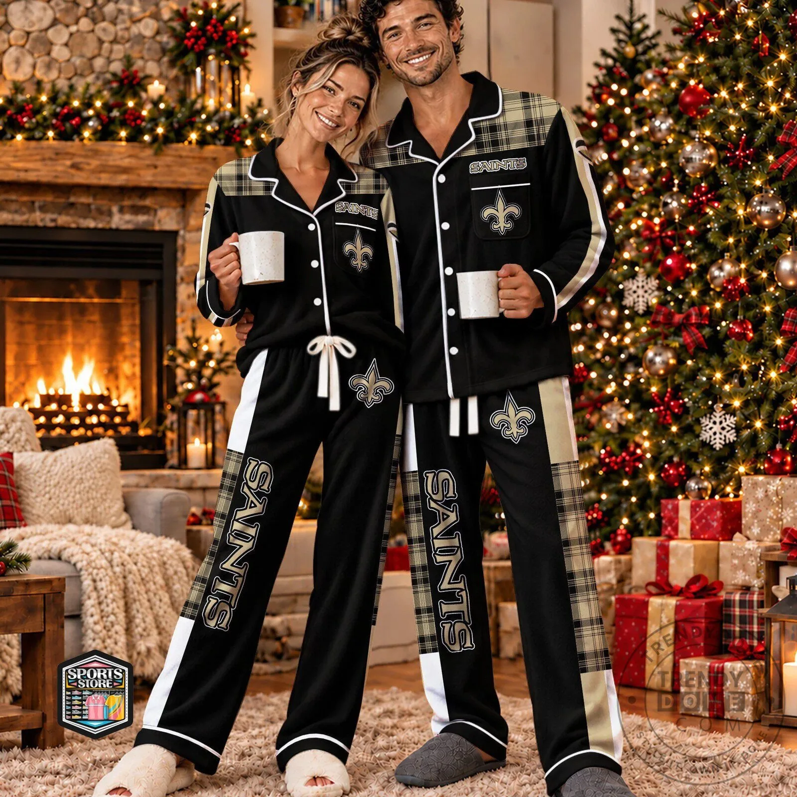 New Orleans Saints Plaid Pattern Black and Gold Pajamas Set