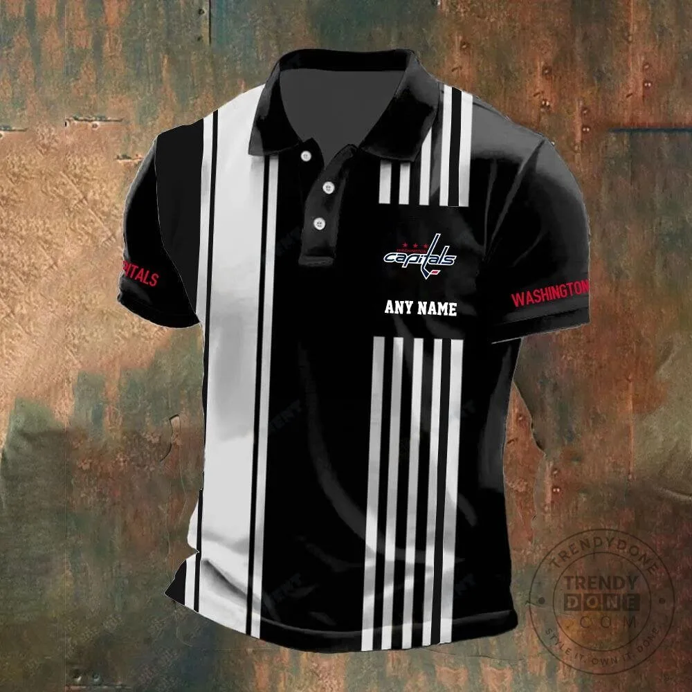 Washington Capitals Personalized Black and White Striped Polo Shirt