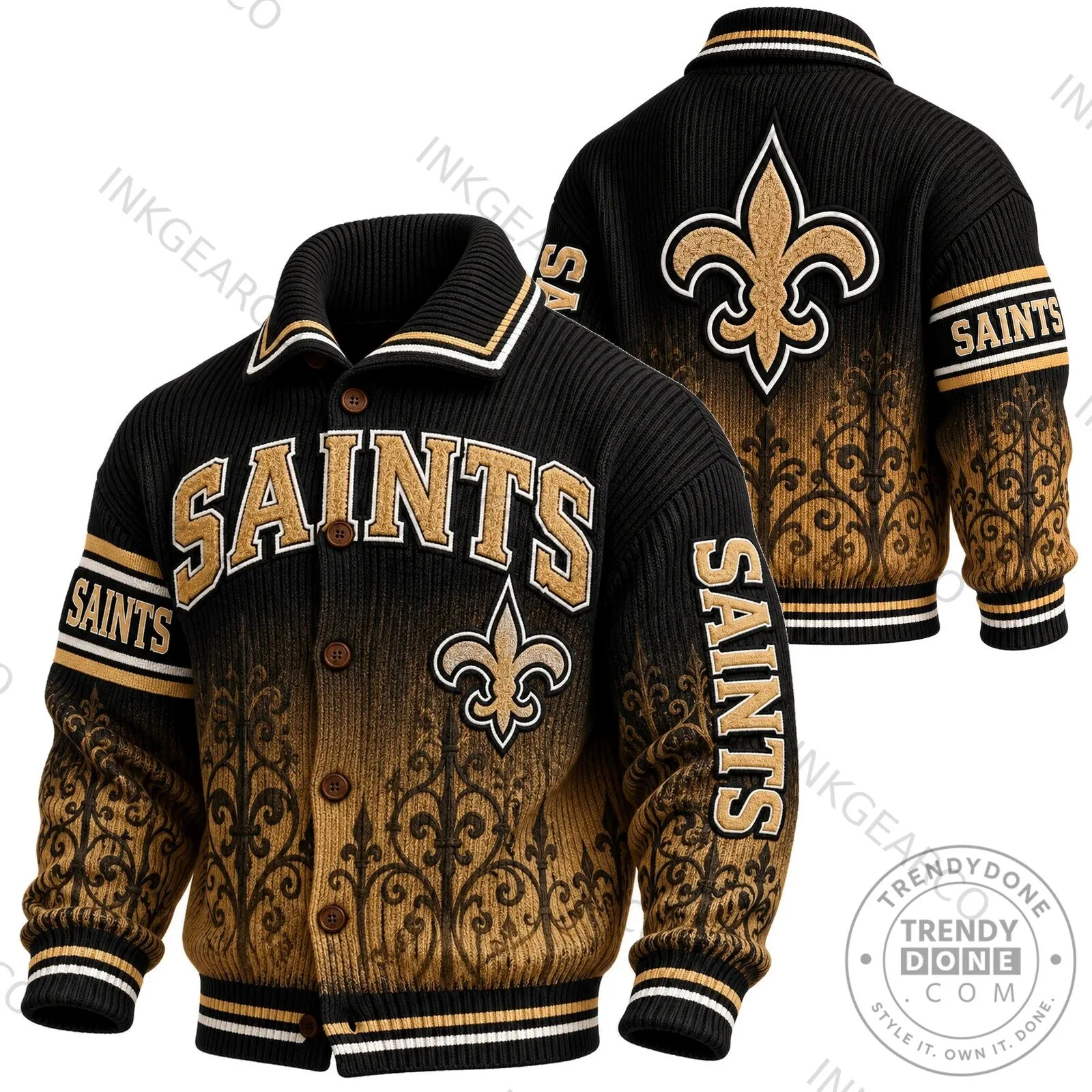 New Orleans Saints Gold Fleur De Lis Knit Cardigan Jacket