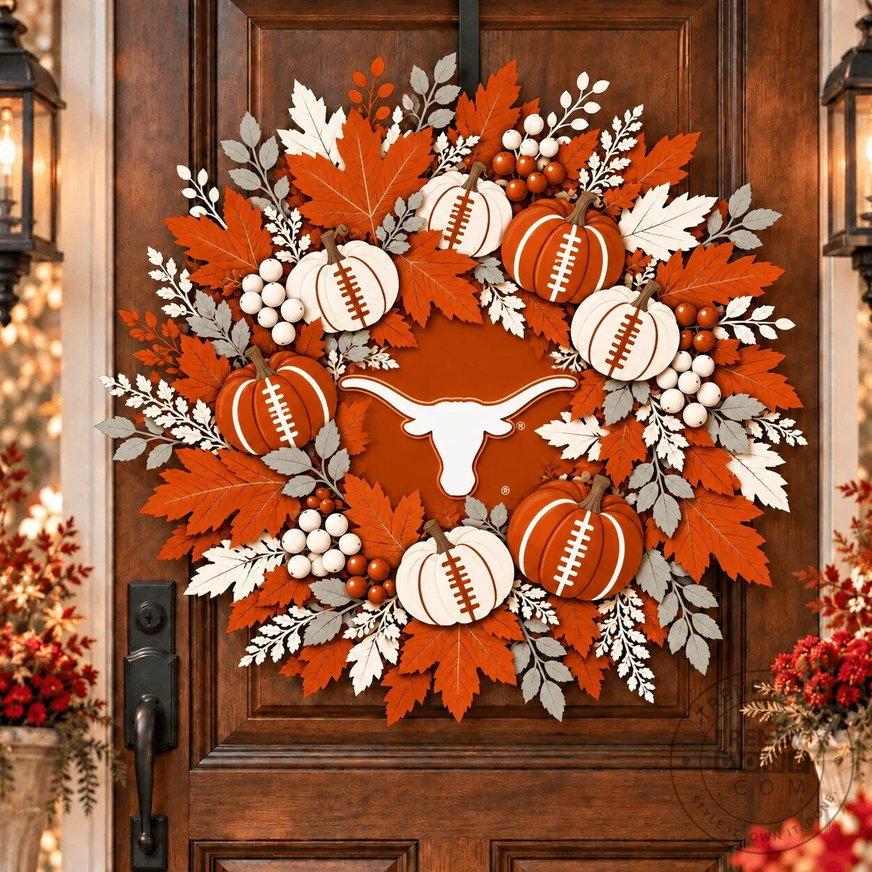 Texas Football Longhorns Pumpkin and Maple Leaf Autumn Wreath