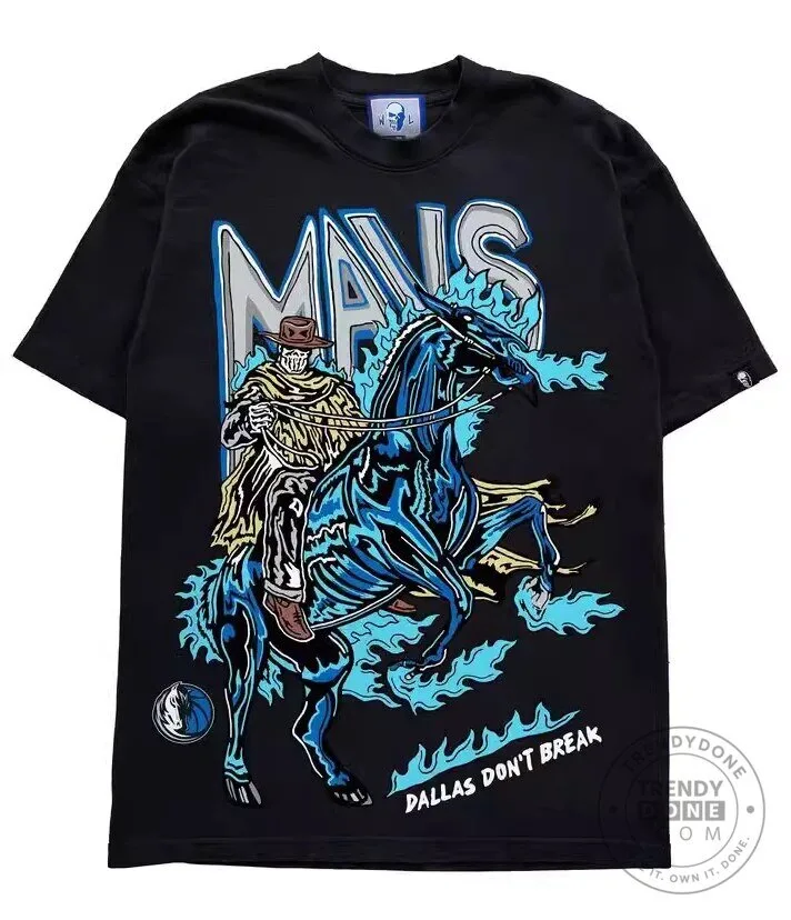 Dallas Mavericks Skeleton Cowboy Riding Flaming Horse Graphic T-Shirt 2 Dallas Mavericks Skeleton Cowboy Riding Flaming Horse Graphic T-Shirt