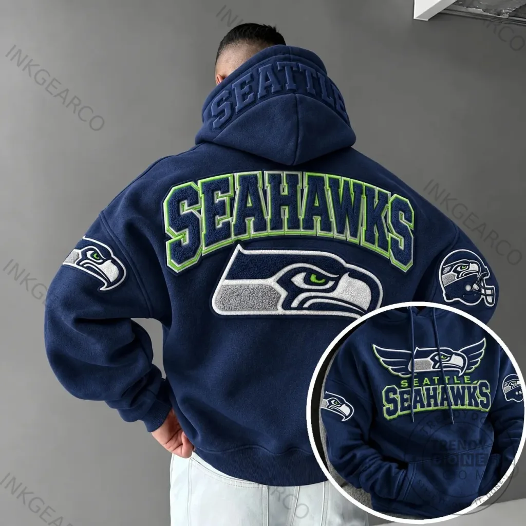 Seattle Seahawks NFL Football Team Logo Embroidered Navy Blue Hoodie