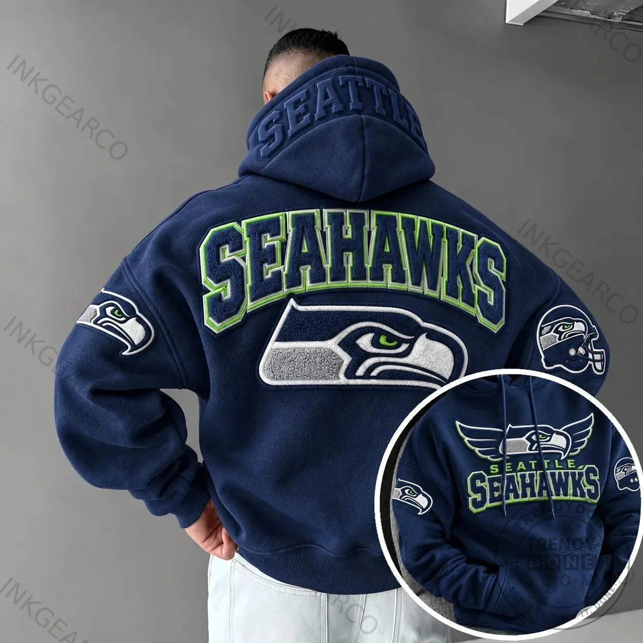 Seattle Seahawks NFL Football Team Logo Embroidered Navy Blue Hoodie