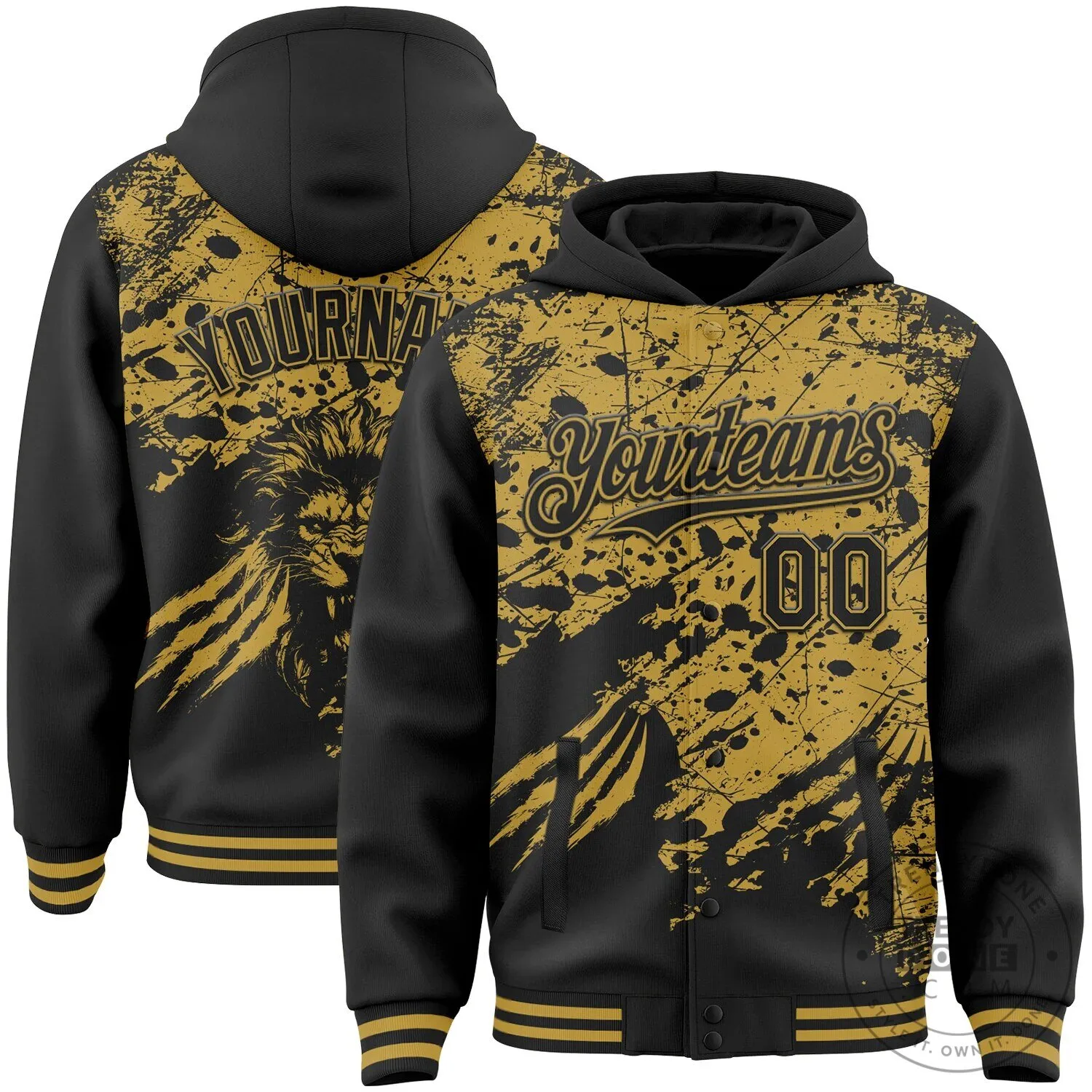 Custom Black and Gold Lion Claw Paint Splatter Varsity Jacket with Hood