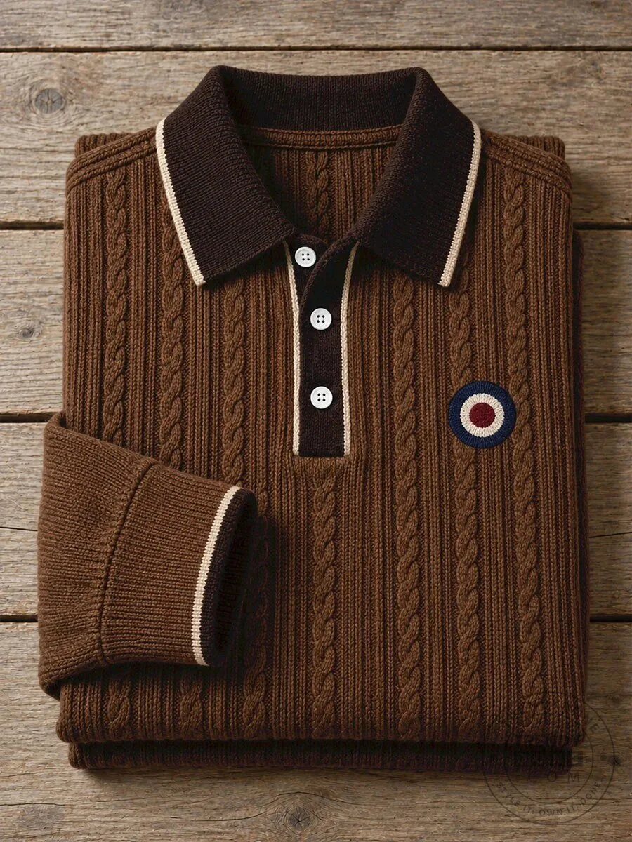 Men's Mod Target Embroidered Cable Knit Long Sleeve Polo Shirt