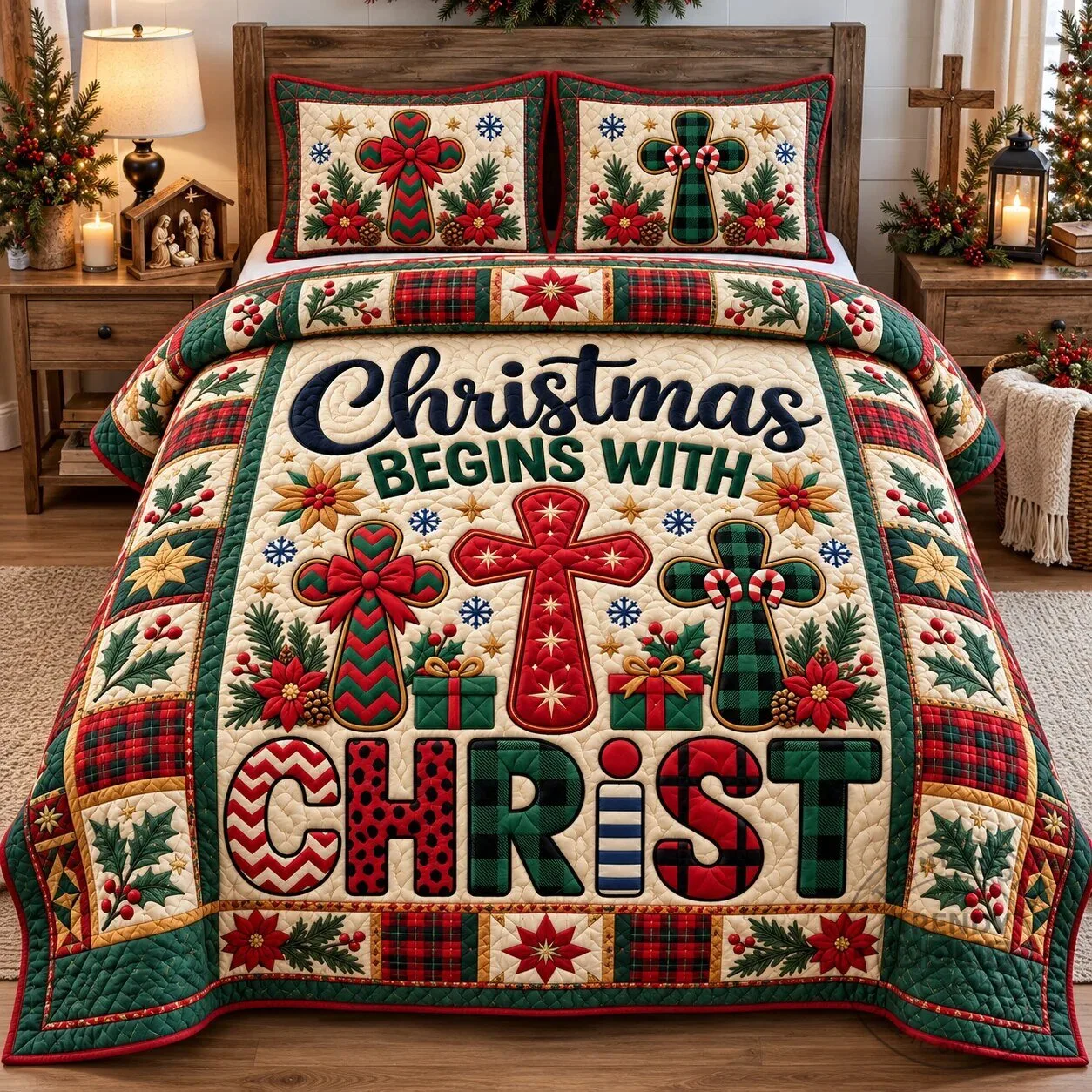 Christmas Begins With Christ Religious Quilted Bedding Set
