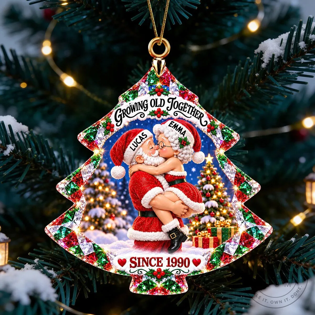 Personalized Christmas Tree Shaped Ornament with Santa Claus Couple Design