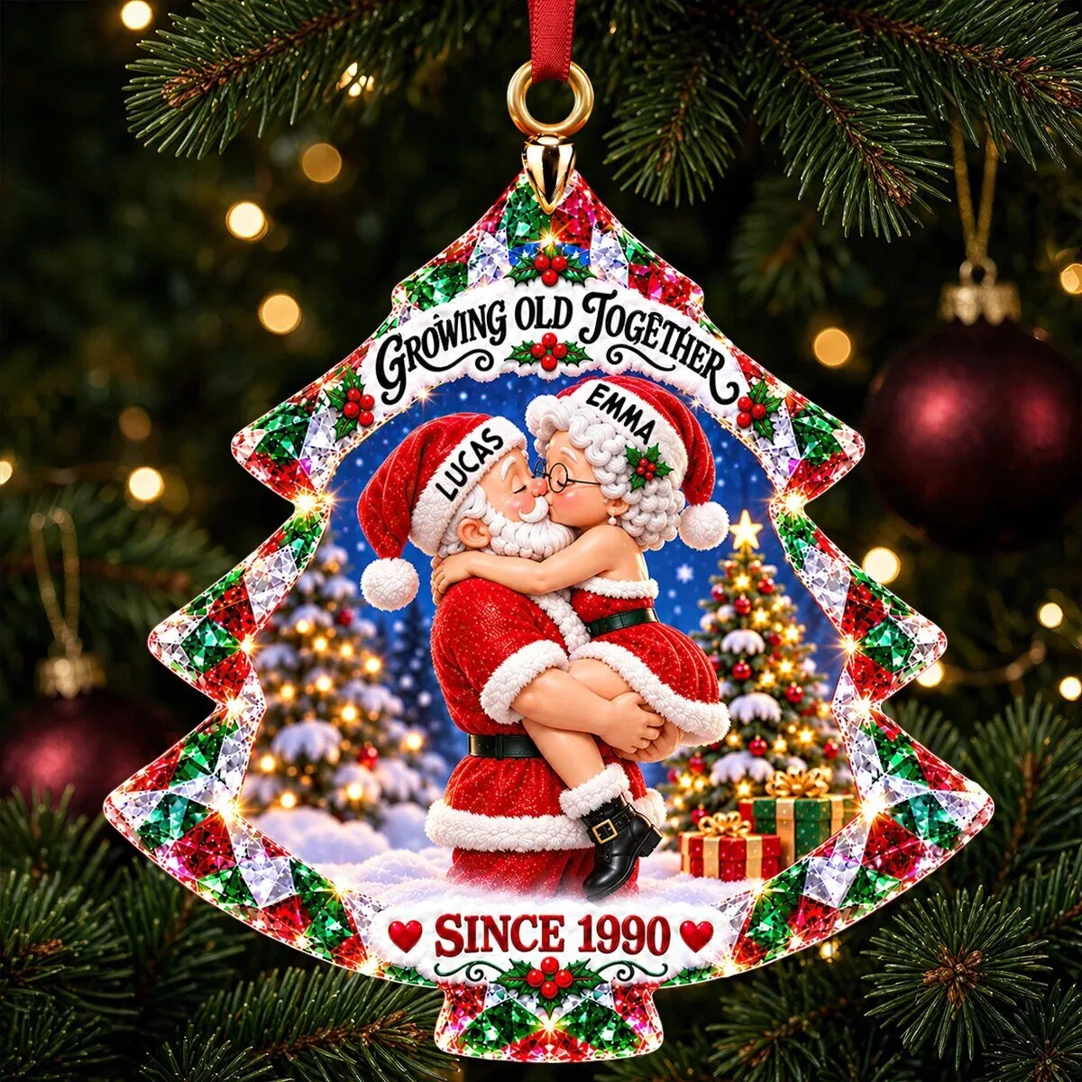 Personalized Christmas Tree Shaped Ornament with Santa Claus Couple Design 12 Personalized Christmas Tree Shaped Ornament with Santa Claus Couple Design