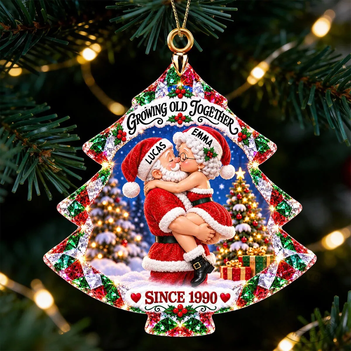 Personalized Christmas Tree Shaped Ornament with Santa Claus Couple Design 13 Personalized Christmas Tree Shaped Ornament with Santa Claus Couple Design