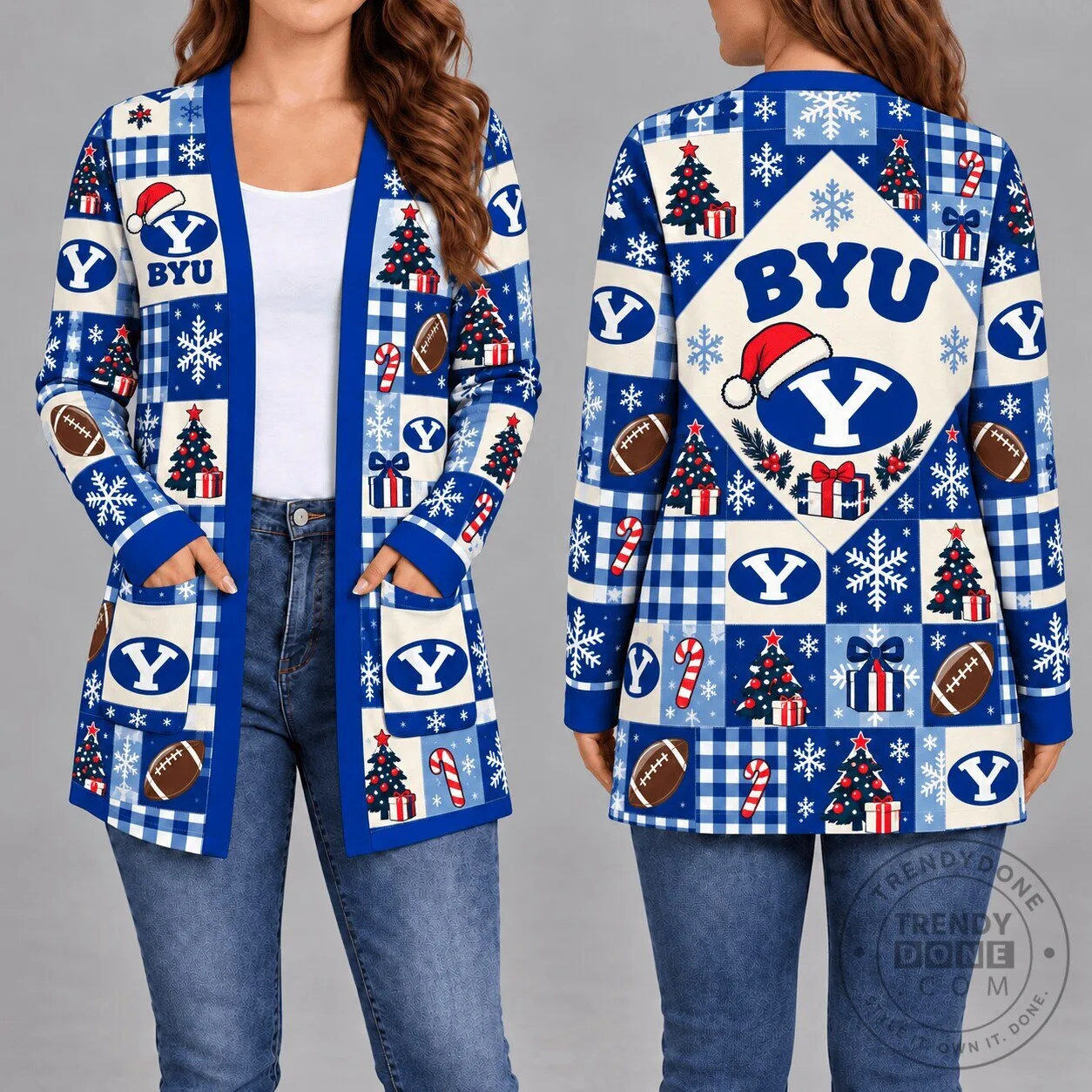 BYU Cougars Christmas Holiday Patchwork Women's Long-Sleeve Cardigan