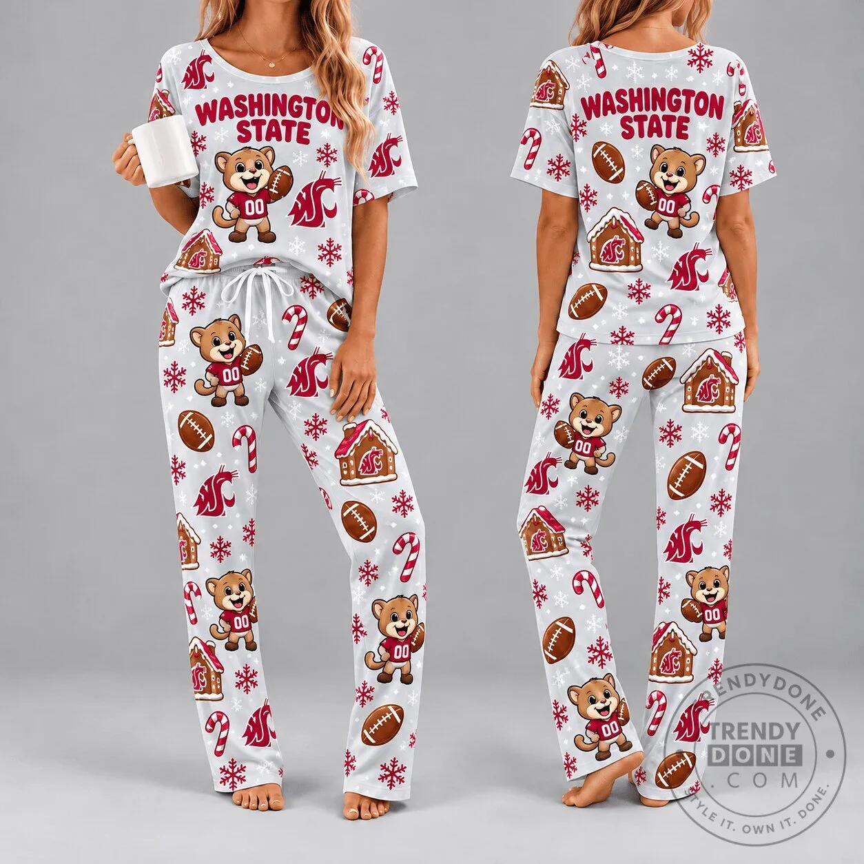 Washington State Cougars Christmas Bear Football Women's Pajamas Set 2 Washington State Cougars Christmas Bear Football Women's Pajamas Set