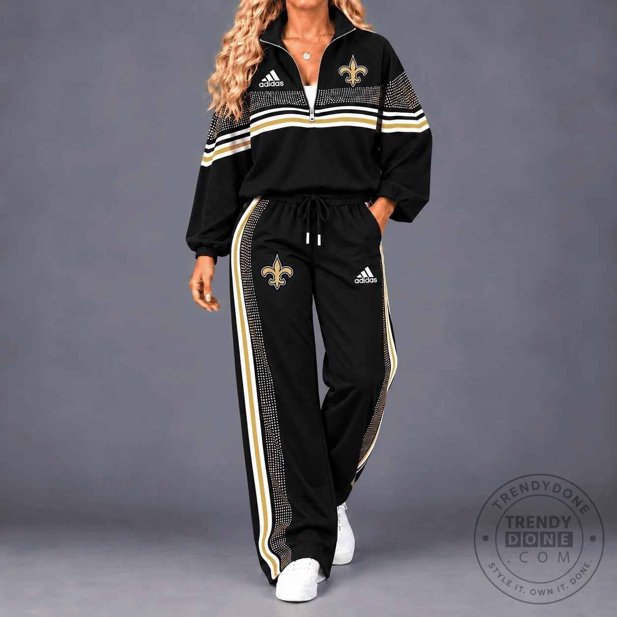 New Orleans Saints Adidas Black and Gold Rhinestone Tracksuit Jacket and Pants Set